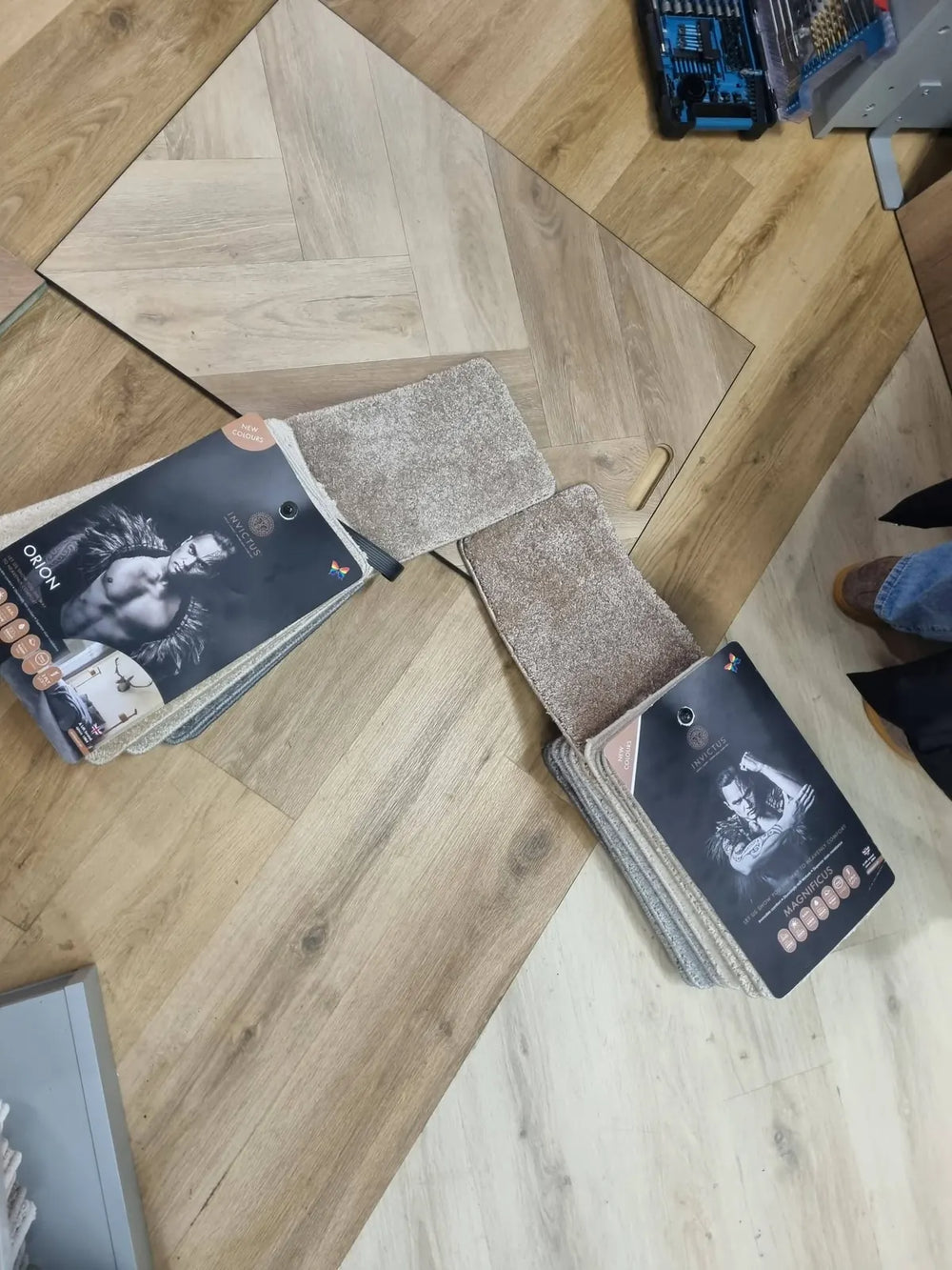 Carpet and hard flooring samples in the Innovation Flooring Direct showroom, Clydebank