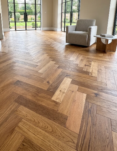 Real herringbone floor installation showing natural plank variation